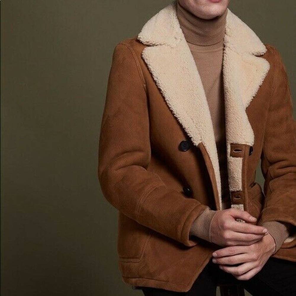 SANDRO Paris Mens Double Breasted Shearling Sheepskin Coat‎ Size Small Cabincore